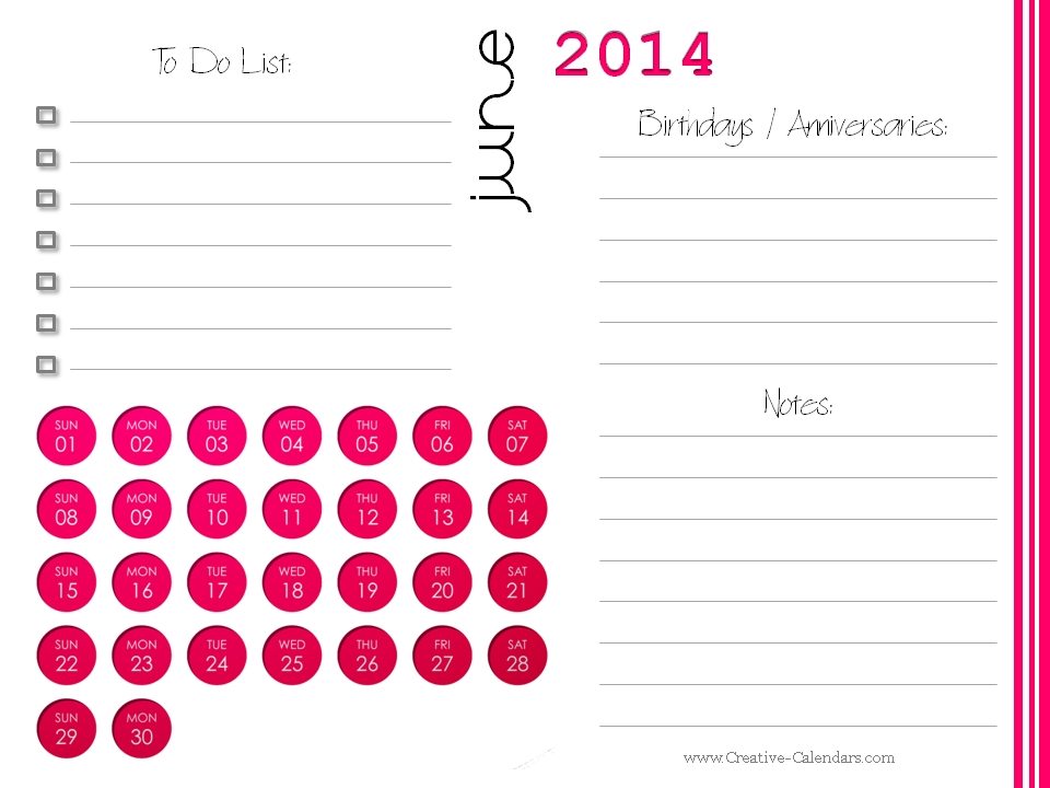 Cute June 2014 Calendar Printable