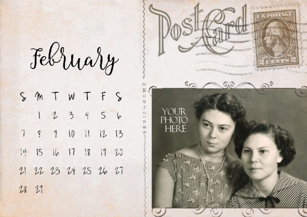 vintage postcard with calendar - February