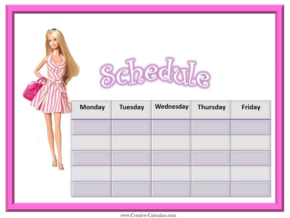 Blank weekly schedule with a picture of Barbie