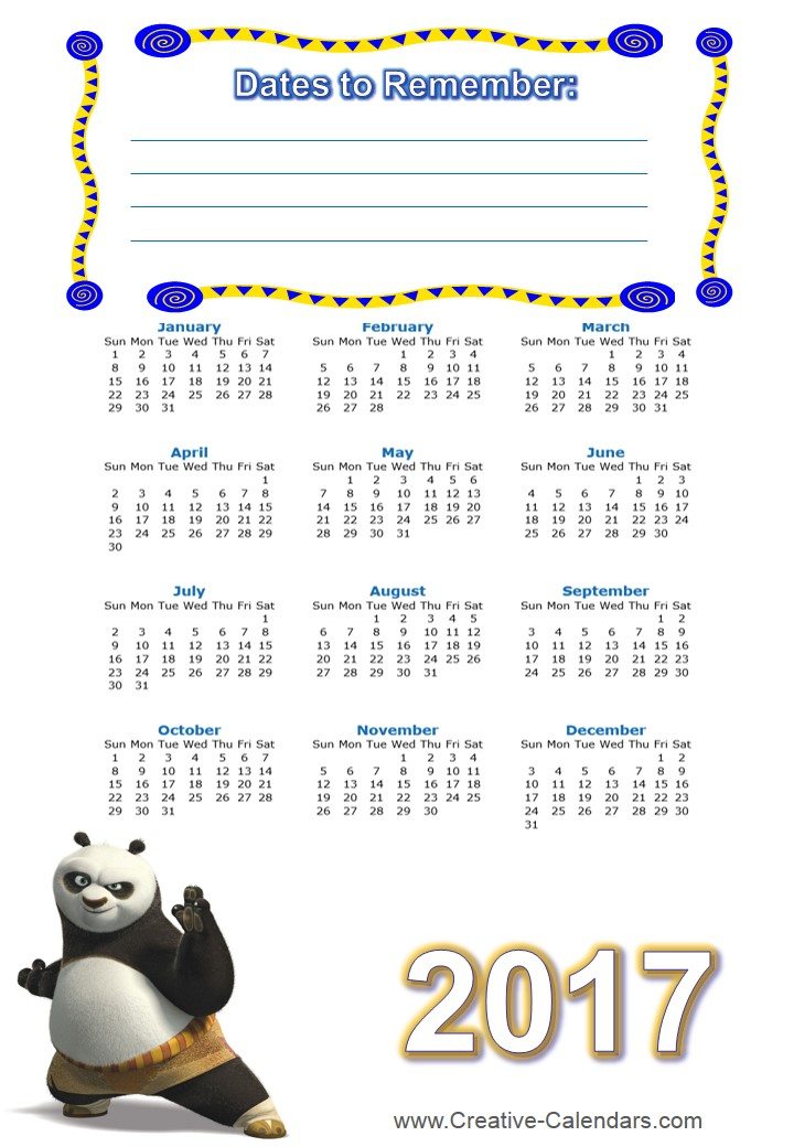 Free printable Kung Fu Calendars