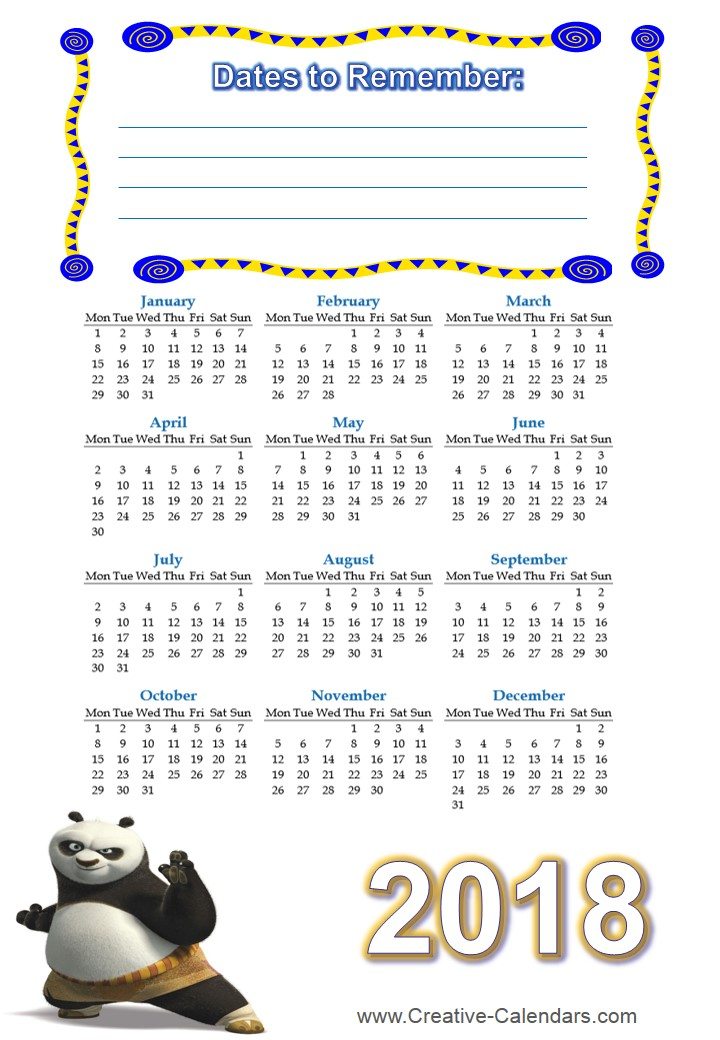 Free printable Kung Fu Calendars