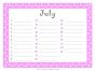 July calendar with a pink border and three columns to add birthdays