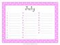 July calendar with a pink border and three columns to add birthdays