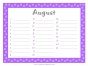 August calendar with a purple border and a list of birthdays and/or anniversaries