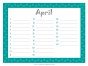 April calendar with a blue border with white dots and space to record important dates