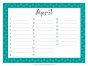 April calendar with a blue border with white dots and space to record important dates