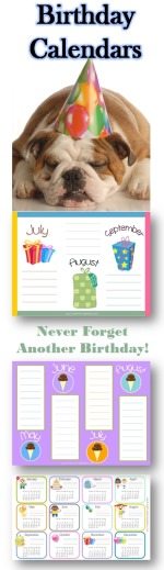 birthday calendars with a sample of those available on the site and a picture of a cute dog with a birthday hat