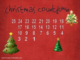 25 day Christmas countdown on a red background with three Christmas trees