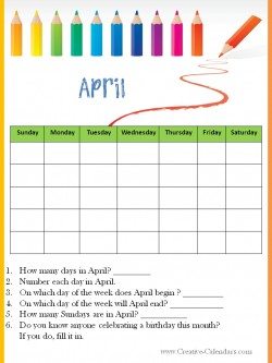 April classroom calendar