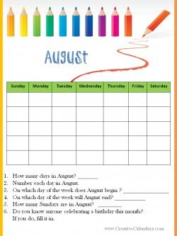 Calendar Worksheet August