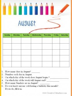 Calendar Worksheet August