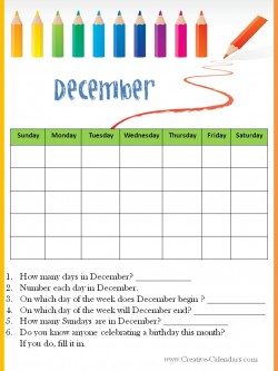 December Calendar Worksheet